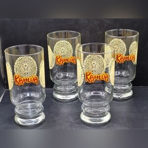 Set Of 4 Vintage Kahlua Glasses Footed Tumblers Aztec Mayan Design Barware